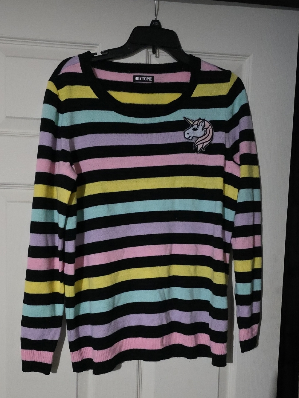 Hot Topic Black Striped Pastel Unicorn Crewneck Sweater